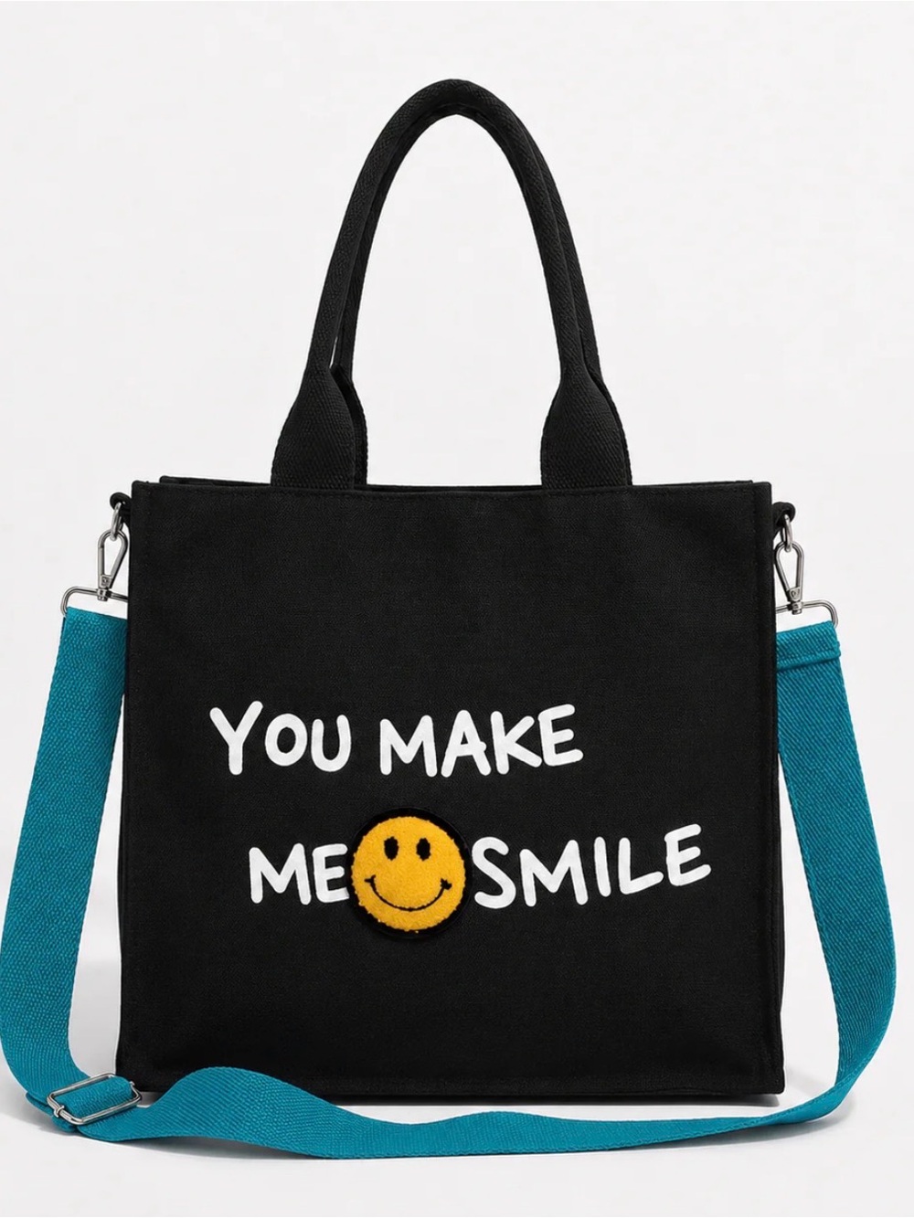 Black Canvas 'You Make Me Smile' Tote Bag with Teal Strap